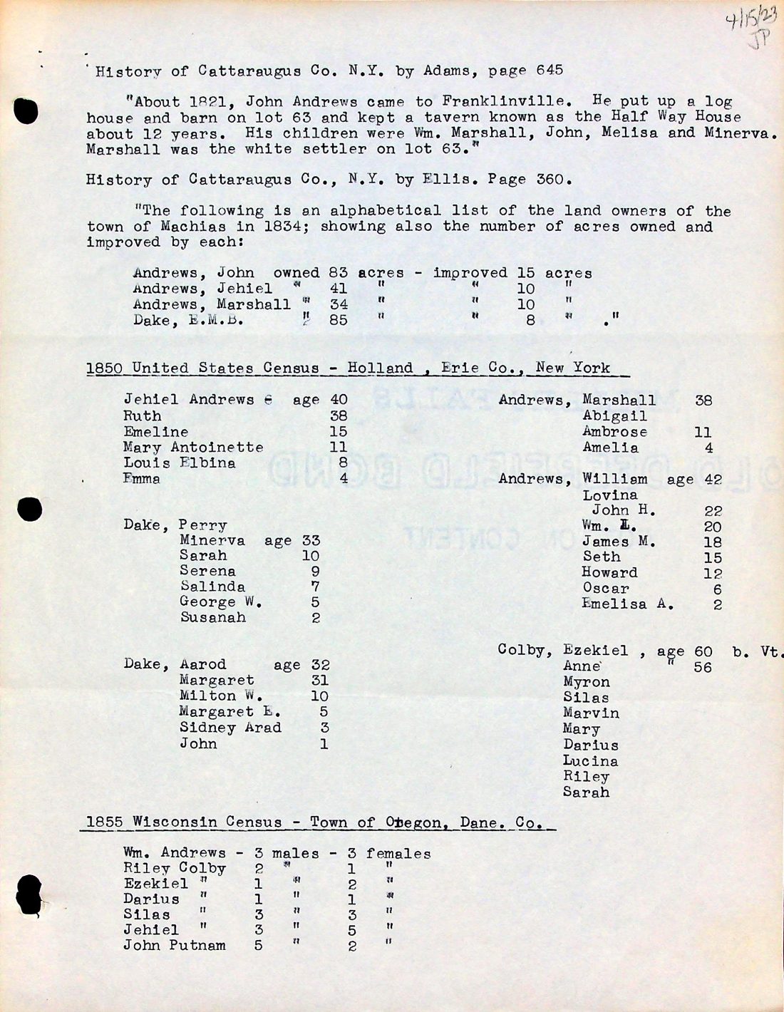 ANDREWS Census 2 N.Y. to Wisc. 1850 1855